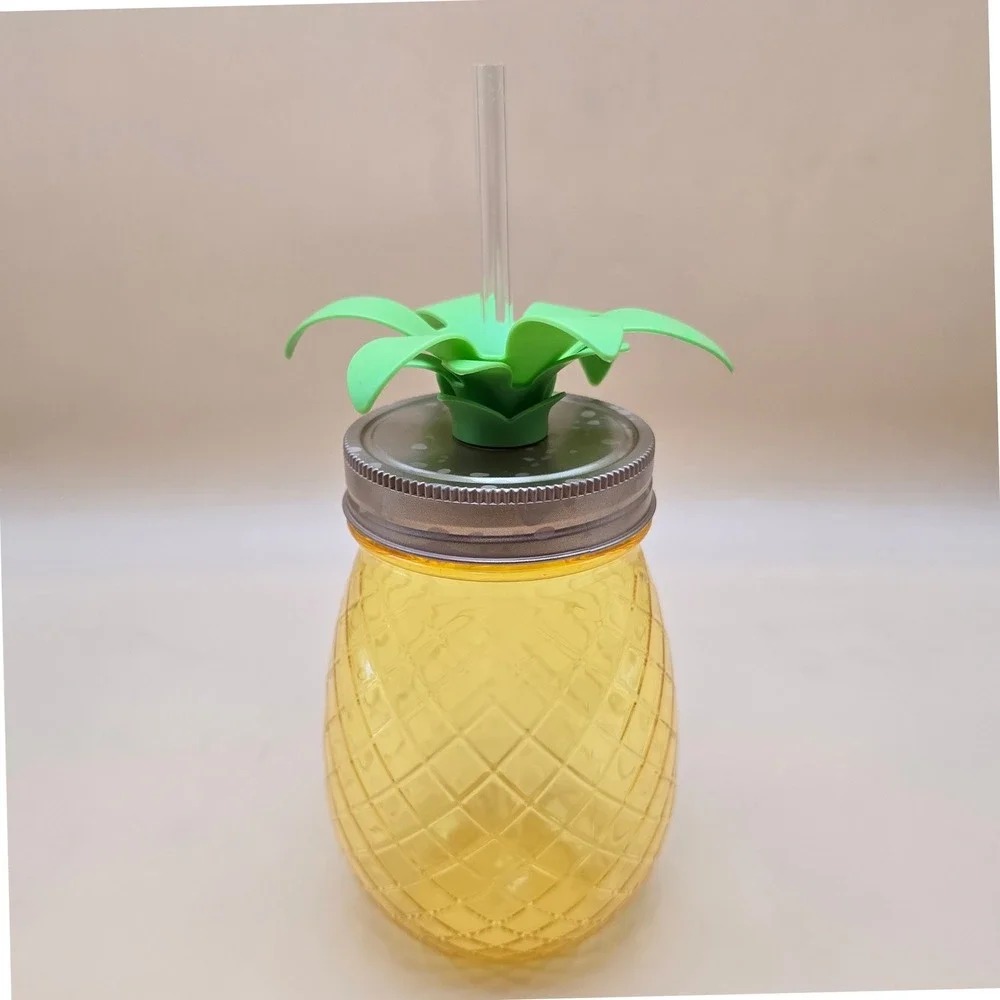 Pineapple Shaped Tumbler Yellow Plastic Mason‎ Jar Cup with Straw & Green Leaves